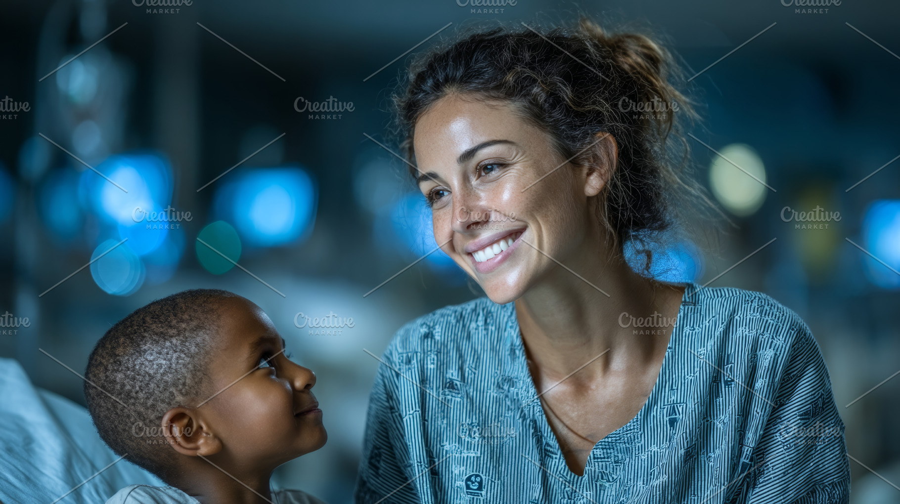 Smiling nurse interacting compassionately with a young patient i, a Health & Medical Photo by AS photostudio
