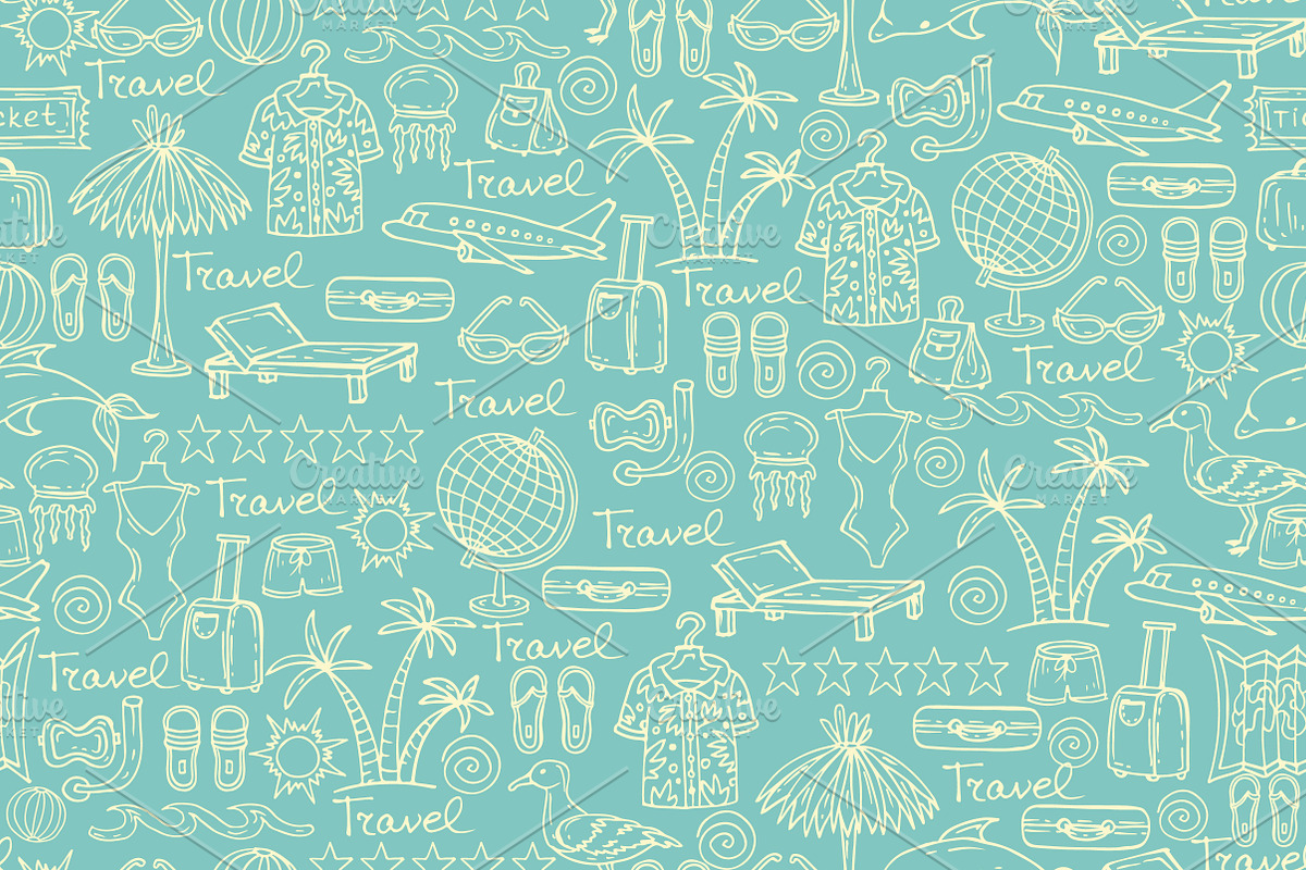 Pattern with travel symbols on blue