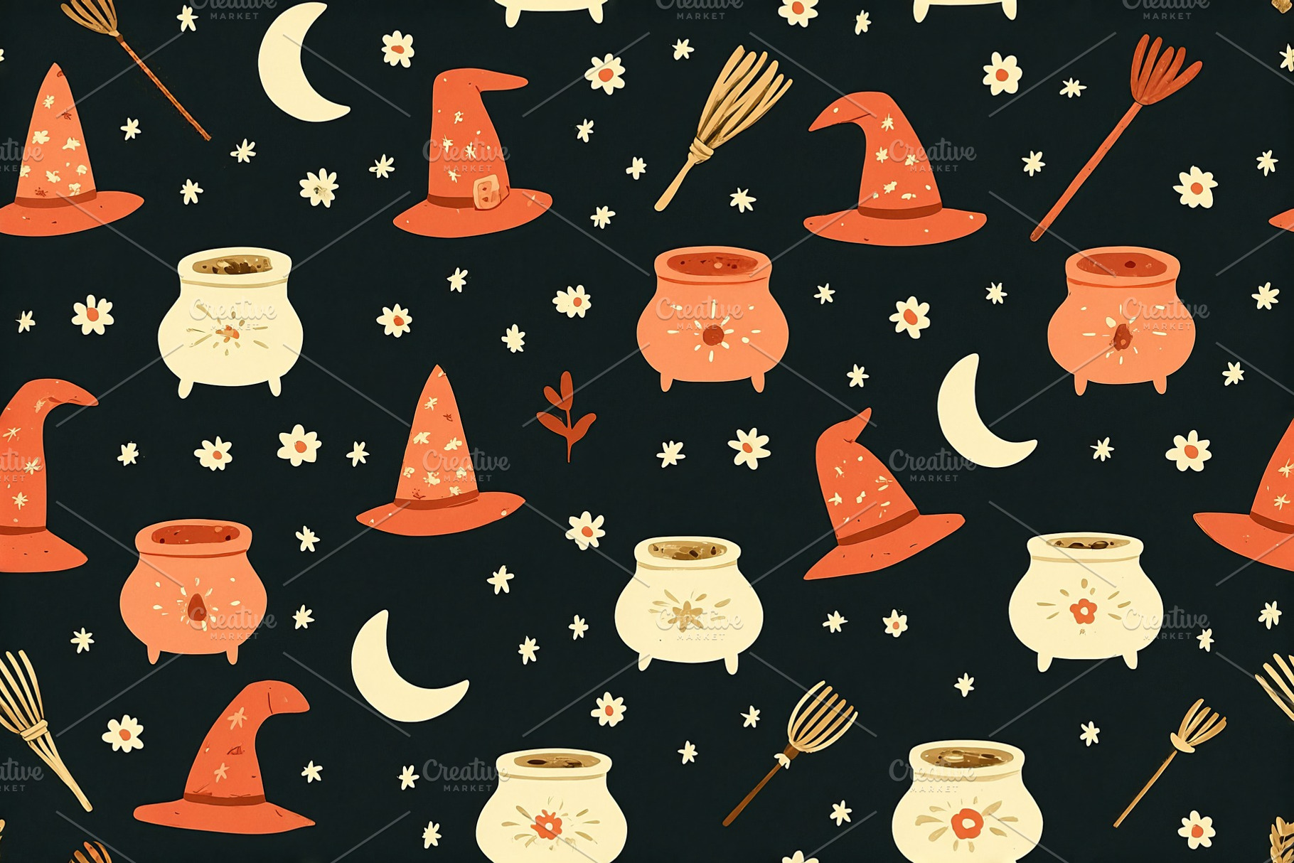 Colorful Halloween pattern features hats, cauldrons, and autumn motifs, a Background Photo by OSORIOartist