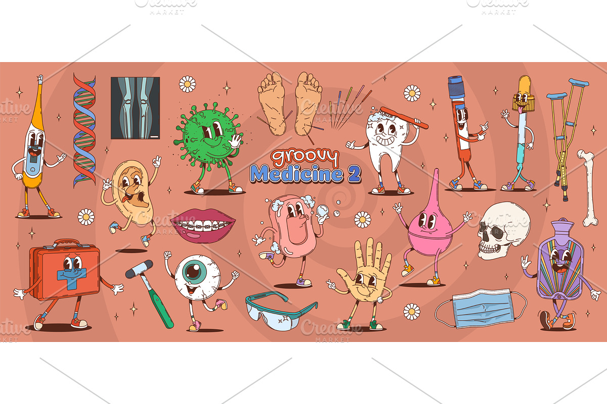Cartoon groovy medicine characters, a Healthcare Illustration by Buch&Bee