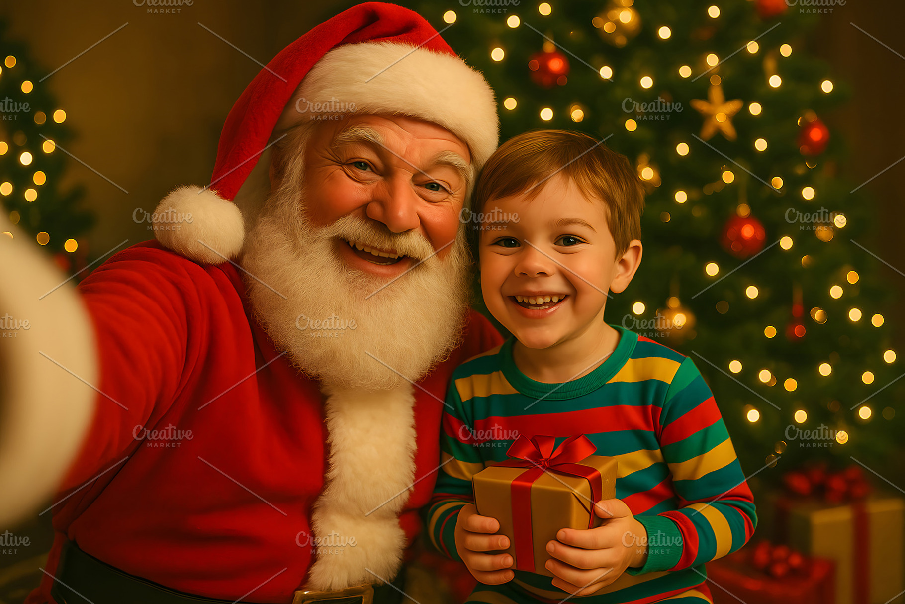Santa Claus takes a joyful Christmas selfie with smiling child, a Holiday Photo by GoodGoods