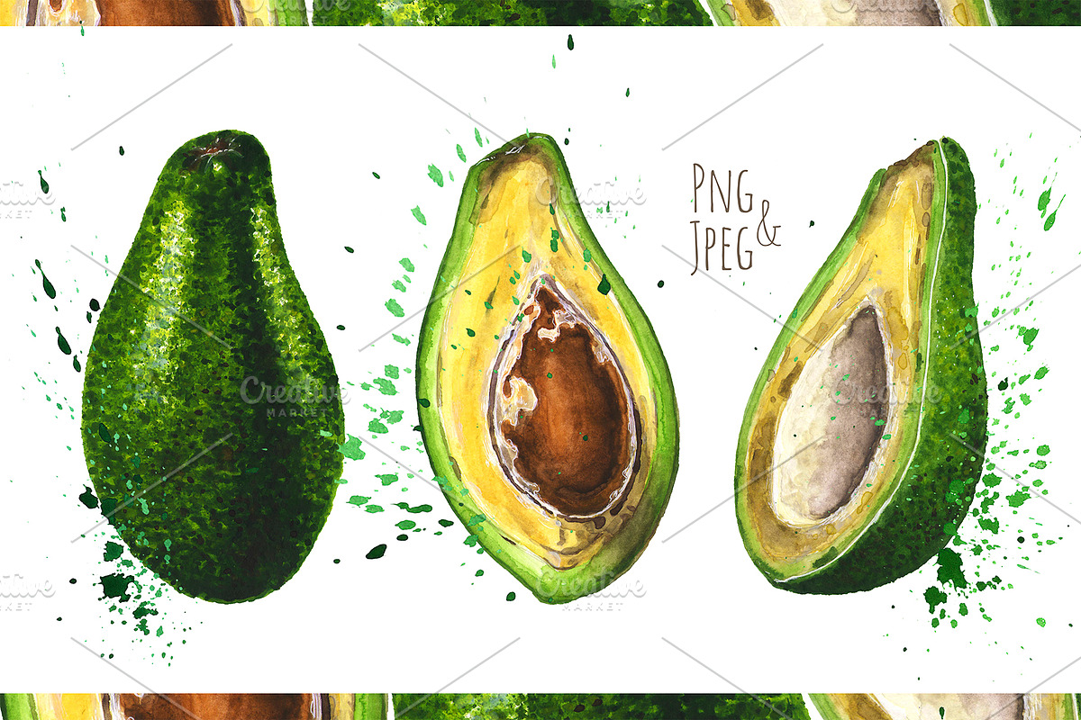 Hand-drawn watercolor Avocado, a Food Illustration by Margo Miller (Photo 1 of 12)