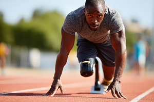 Determined athlete with prosthetic leg ready to sprint, a Sports & Recreation Photo by AlyaAnd