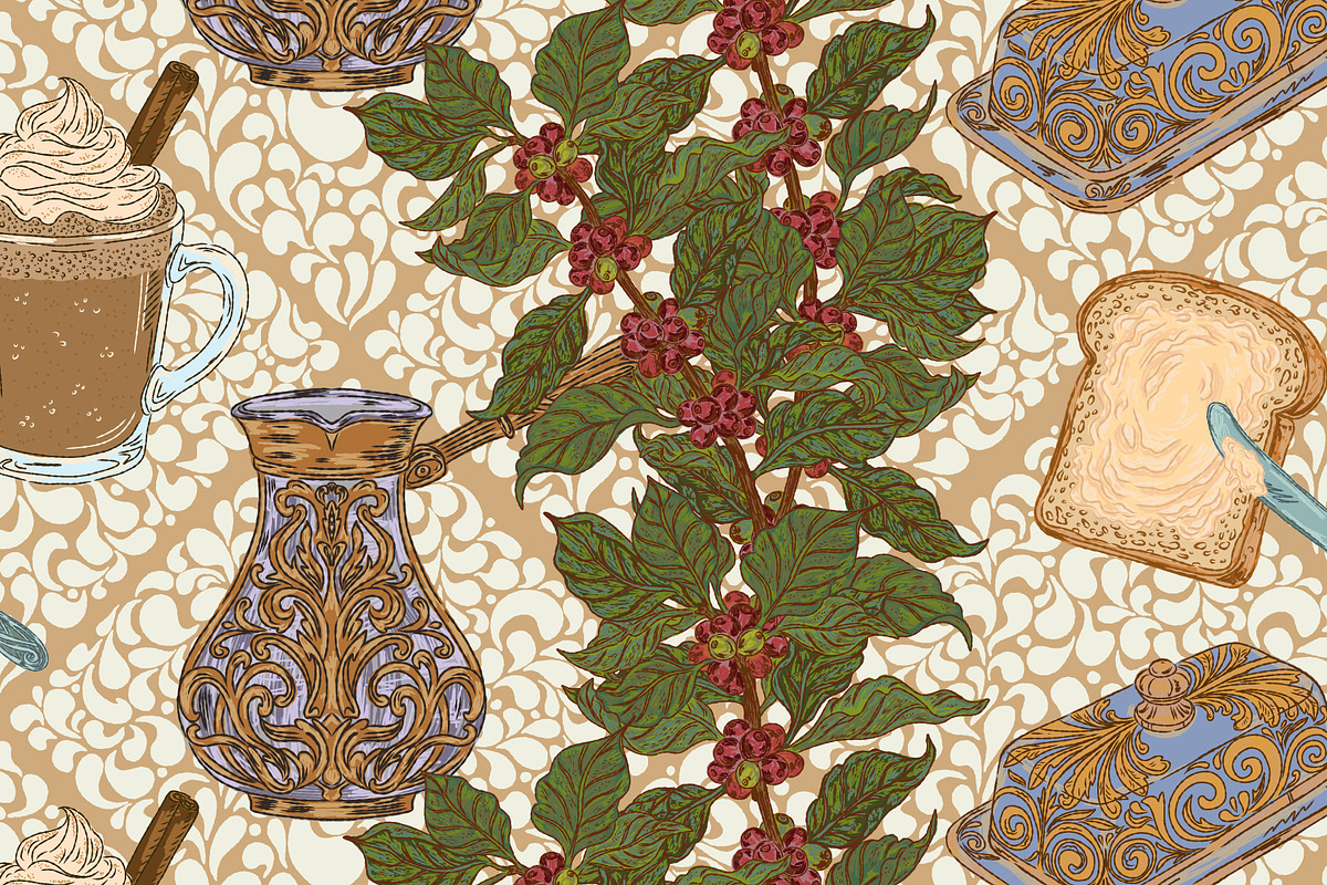 Coffee Ritual Seamless Vector Patter, a Pattern Graphic by NayaChu (Photo 1 of 8)