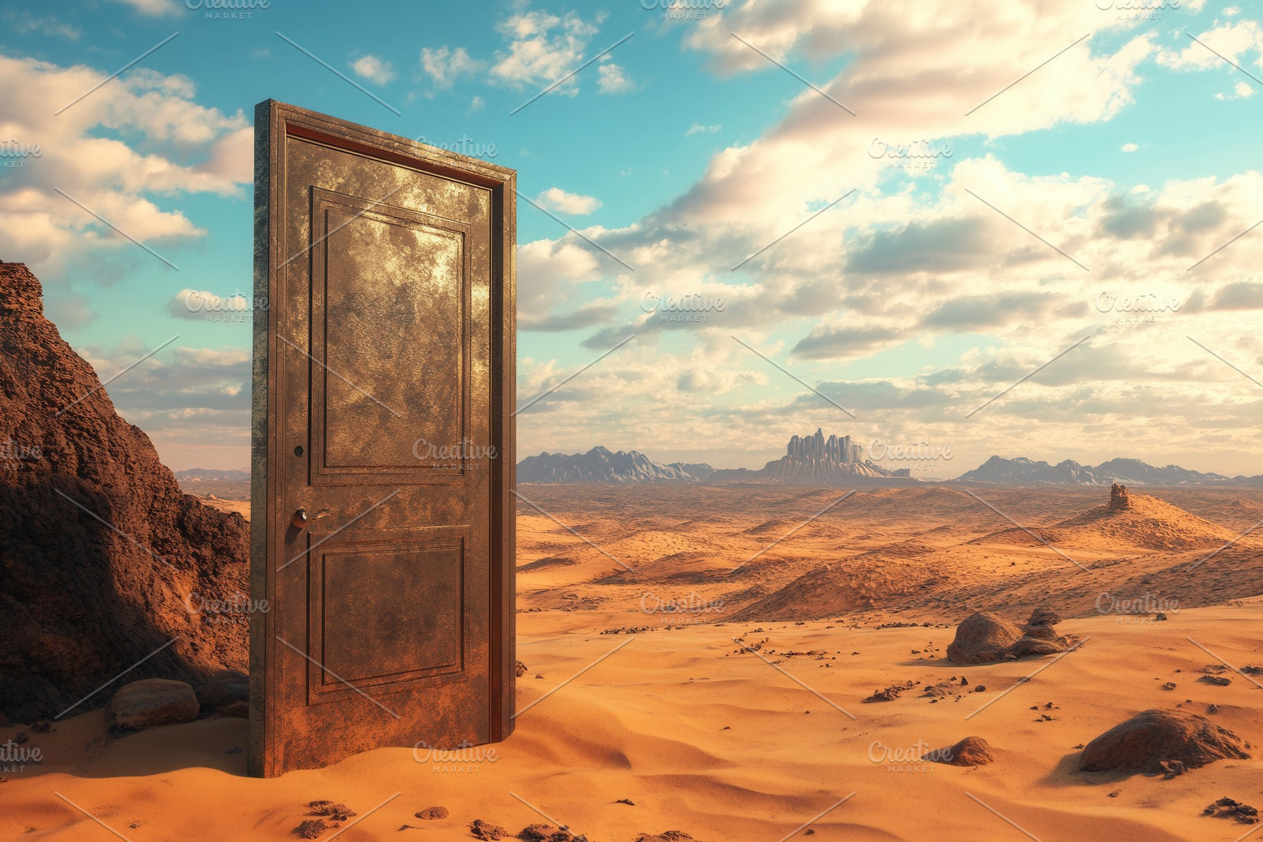 Mysterious open door in vast desert, a Photo by Pavel_design
