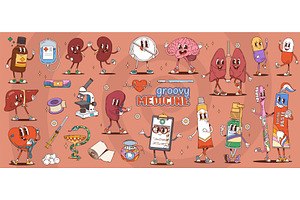 Cartoon groovy medicine characters, a Healthcare Illustration by Buch&Bee