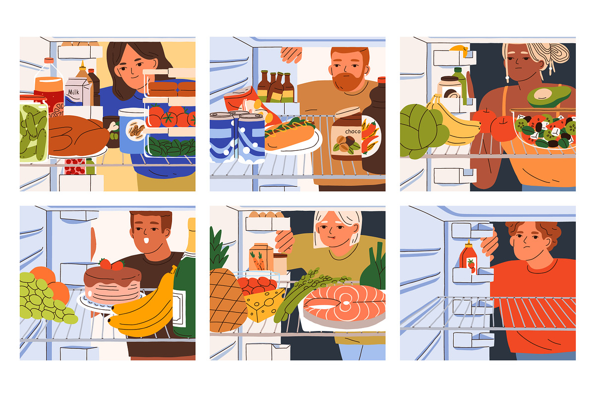 People look for food in fridge set, a Food Illustration by Good Studio (Photo 1 of 7)