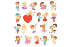 Cute Little Kids Giving Flowers, a Person Illustration by TopVectors