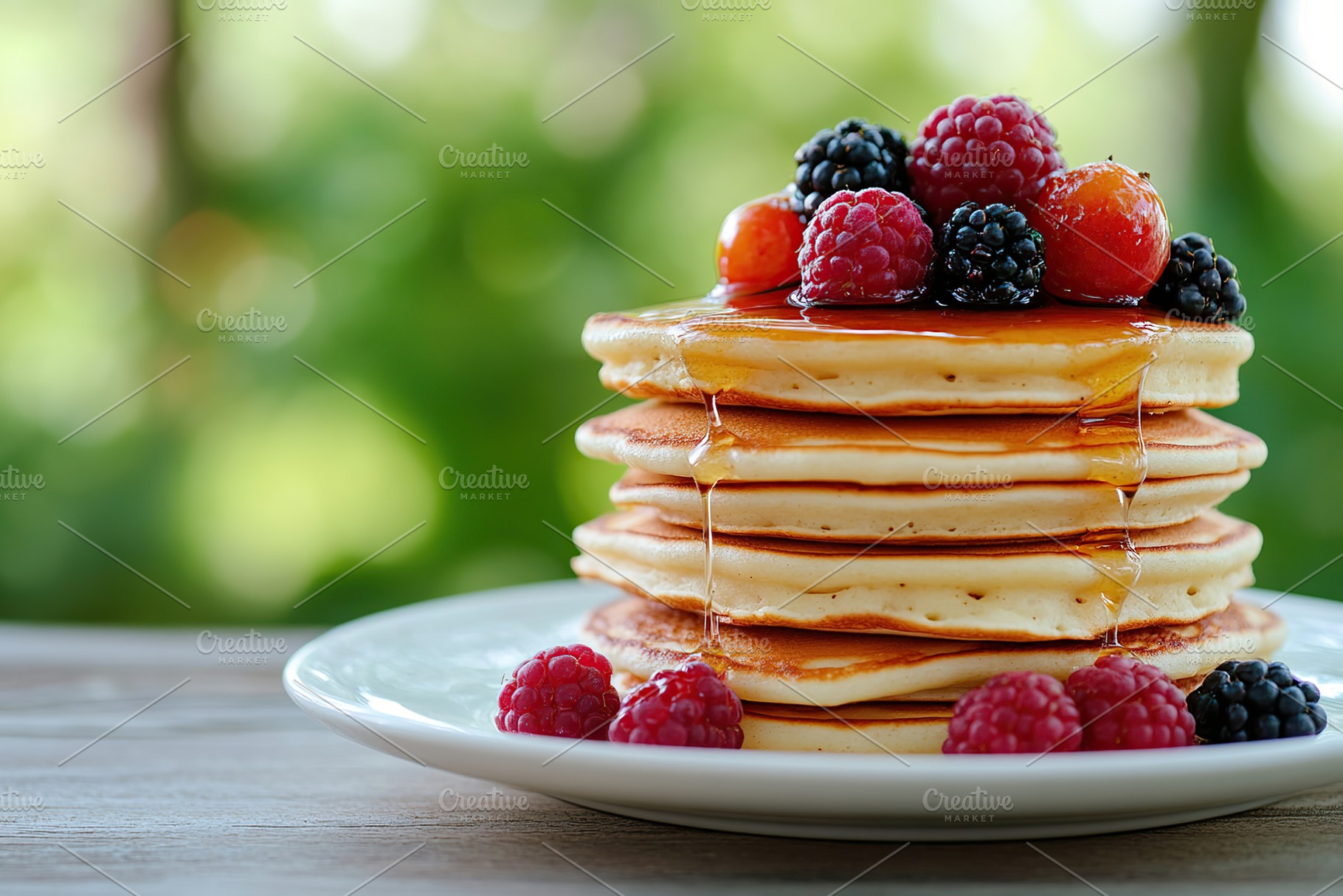 Delicious stack of pancakes topped with fresh berries and sweet syrup in a sunn, a Food & Drink Photo by AlyaAnd