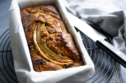 Delicious freshly made banana bread on the cooling rack