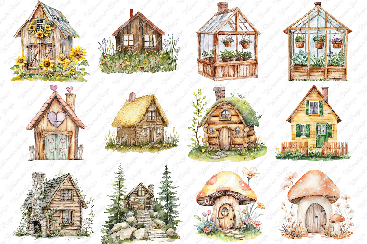 Watercolor Little Wooden House Clipa, an Illustration by Watercolor design (Photo 2 of 12)