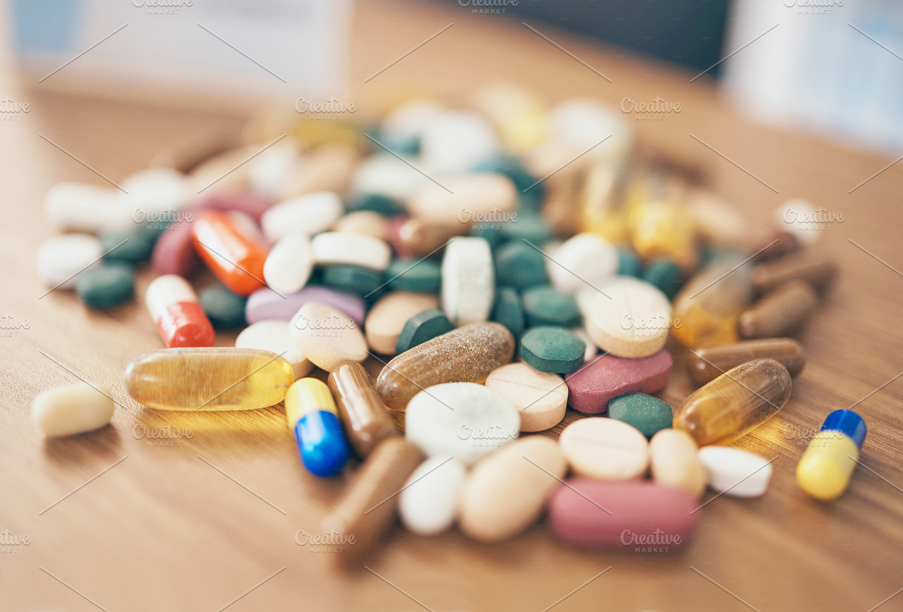 Healthcare, tablets or table with medicine pills or supplements products at drugstore clinic. Pharmaceuticals background, blur or medical products, depression anxiety supplements or stress medication, a Photo by Peopleimages.com