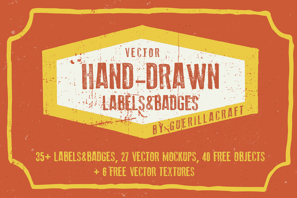 Hand-drawn labels and badges