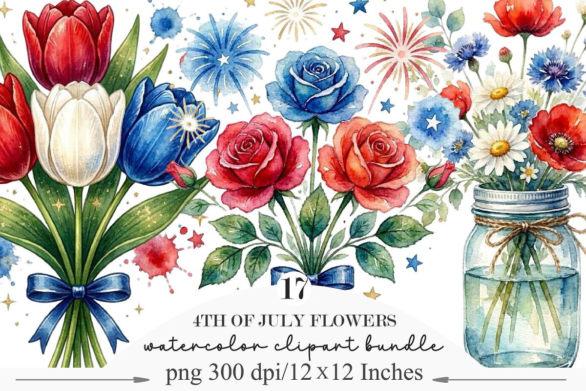 4th of July Flowers Clipart, a Seasonal Illustration by Designking (Photo 1 of 5)