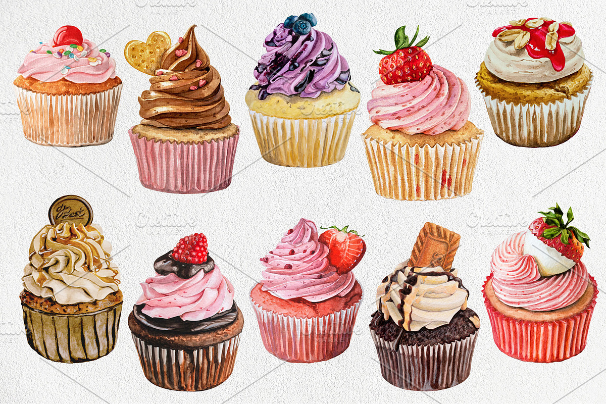 Watercolor Clipart Cupcakes, an Illustration by Marge Art (Photo 2 of 2)