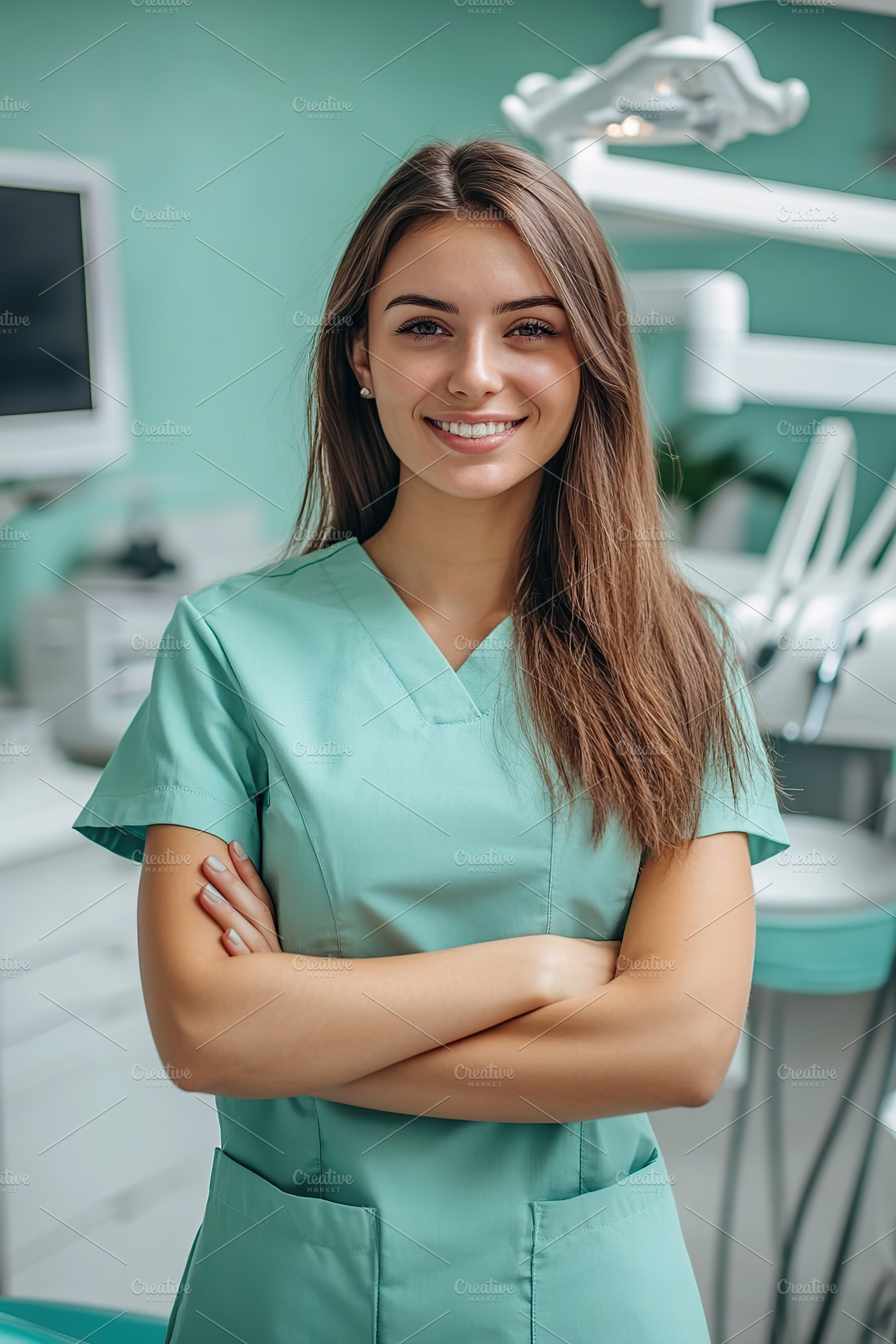 Female dentist with a confident smile in a modern dental clinic setting, a Health & Medical Photo by AlyaAnd