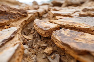 Dried-up riverbed reveals cracked earth and exposed rocks in a desolate landsca, a Nature Photo by AlyaAnd