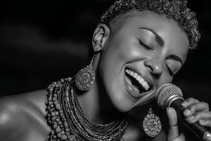 Black and white close-up of african american singer passionately performing on, a Photo by AS photostudio