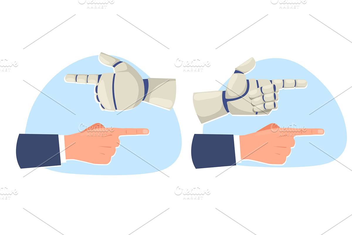 Human and robot arms pointing in, a Technology Illustration by Vectorbuum