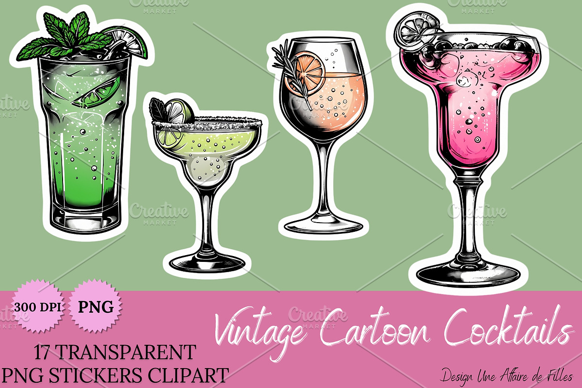VINTAGE CARTOON COCKTAILS STICKERS, a Food Illustration by Une Affaire de Filles (Photo 1 of 6)