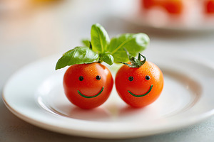 Cherry tomatoes crafted with smiley faces resting on a white plate surrounded b, a Food & Drink Photo by AlyaAnd