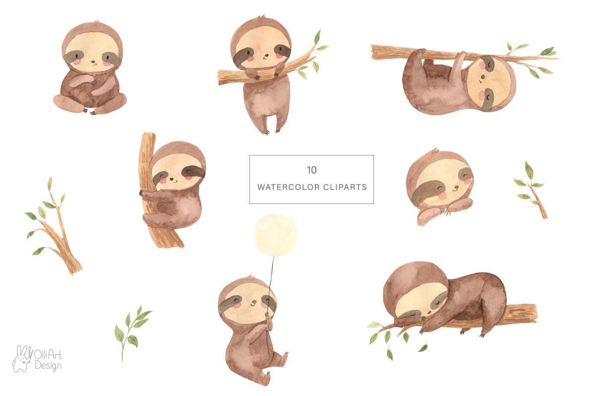 SLOTH clipart. Watercolor baby sloth, an Animal Illustration by OlliArtDesign (Photo 2 of 5)