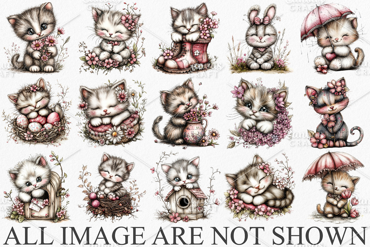 Whimsical Spring Cat Clipart Bundle, an Illustration by Canvas Craft (Photo 3 of 7)