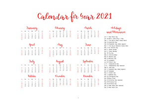 Vector Calendar For 2021 Year.