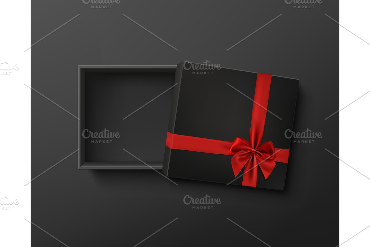 Opened black empty gift box with red ribbon and bow., an Object Graphic by Aleksandrs
