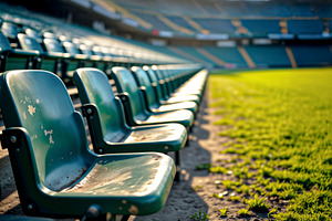 Empty and weathered stadium seats, a Photo by rarrarorro