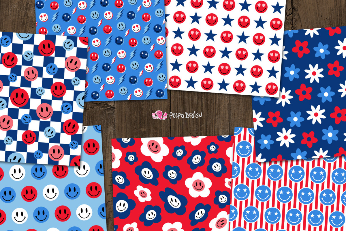 4th Of July Retro Smiley Faces, a Pattern Graphic by PolpoDesign (Photo 2 of 3)