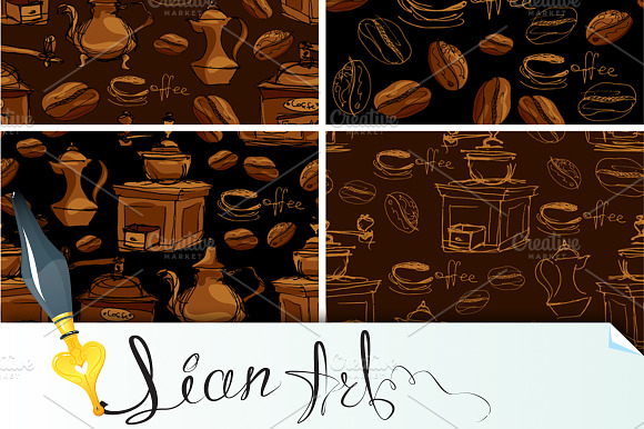 4 seamless patterns with coffee preview 2