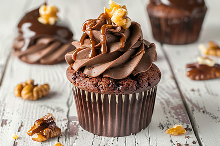 Chocolate cupcake with whipped cream and walnut on wooden table, a Food & Drink Photo by AlyaAnd