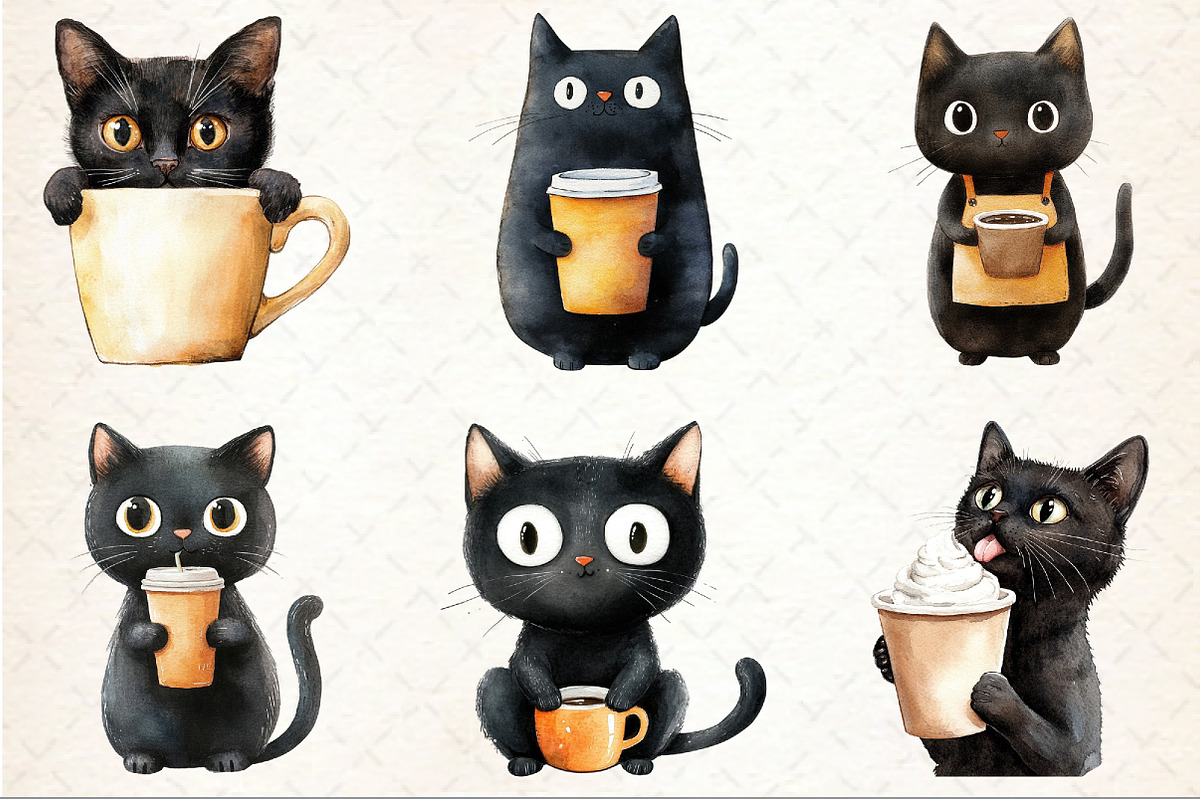 Funny Coffee Black Cat Clipart, an Illustration by Rose Art (Photo 3 of 4)