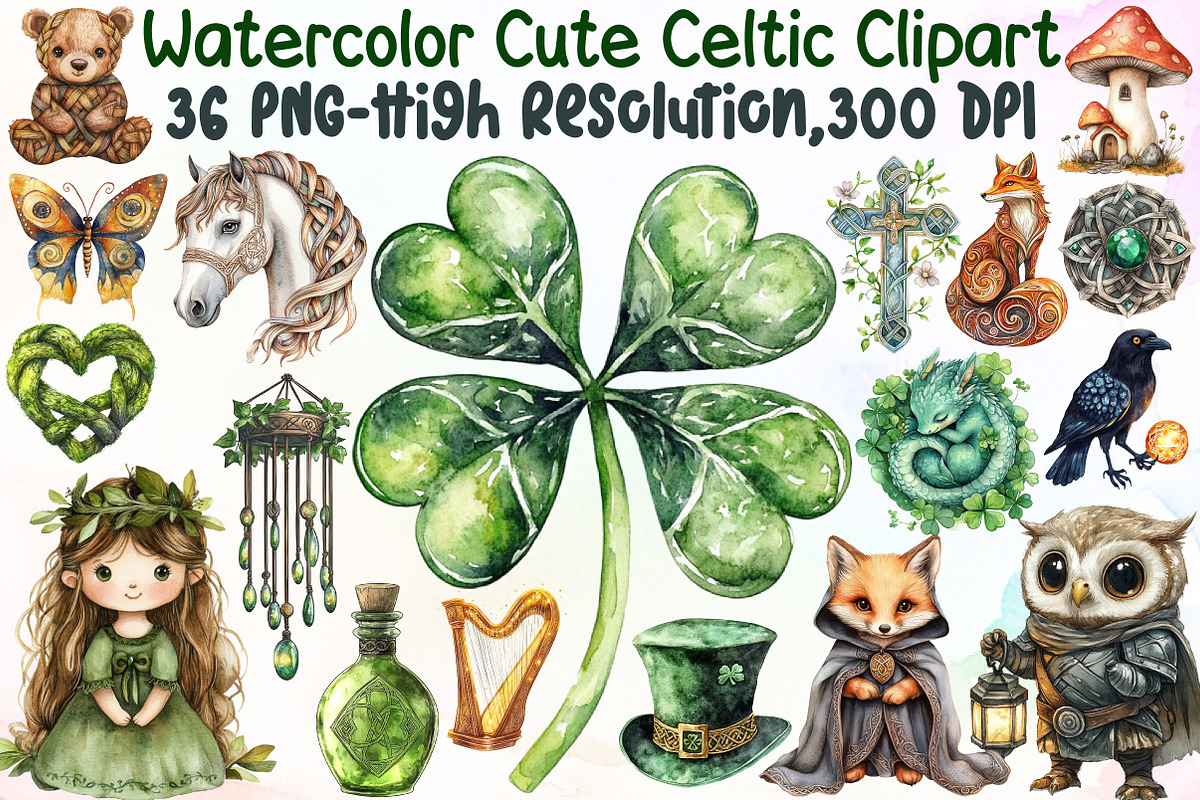 Watercolor Cute Celtic Clipart Bundl, an Illustration by Sublimation Artist (Photo 1 of 6)