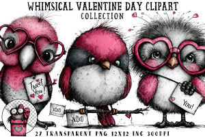 Whimsical Valentine Bird Clipart, an Illustration by OK Design
