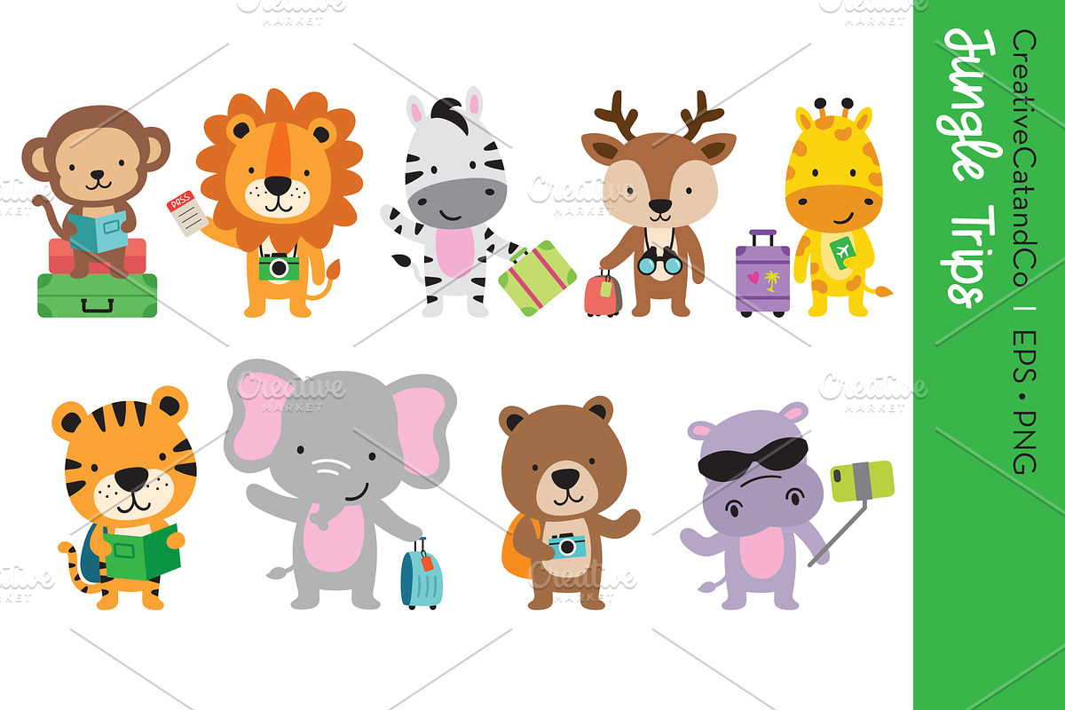Cute Wild Animals Traveling EPS PNG, an Animal Illustration by CreativeCatandCo