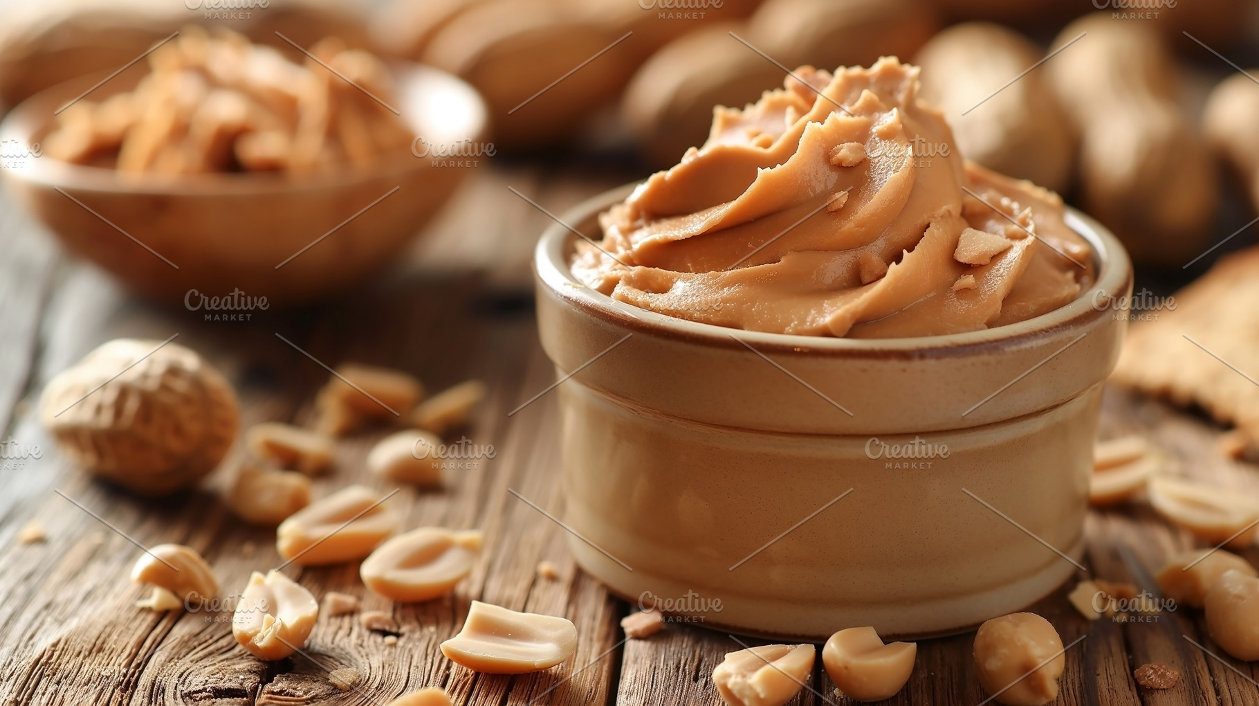 Creamy peanut butter served in a rustic bowl, surrounded by pean, a Food & Drink Photo by ImageMir