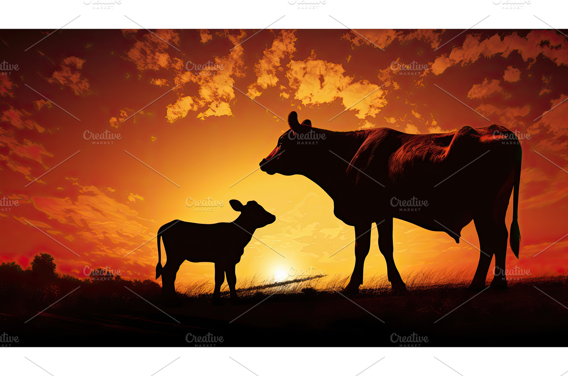 rural cow and calf silhouette ai, an Animal Photo by pikepicture