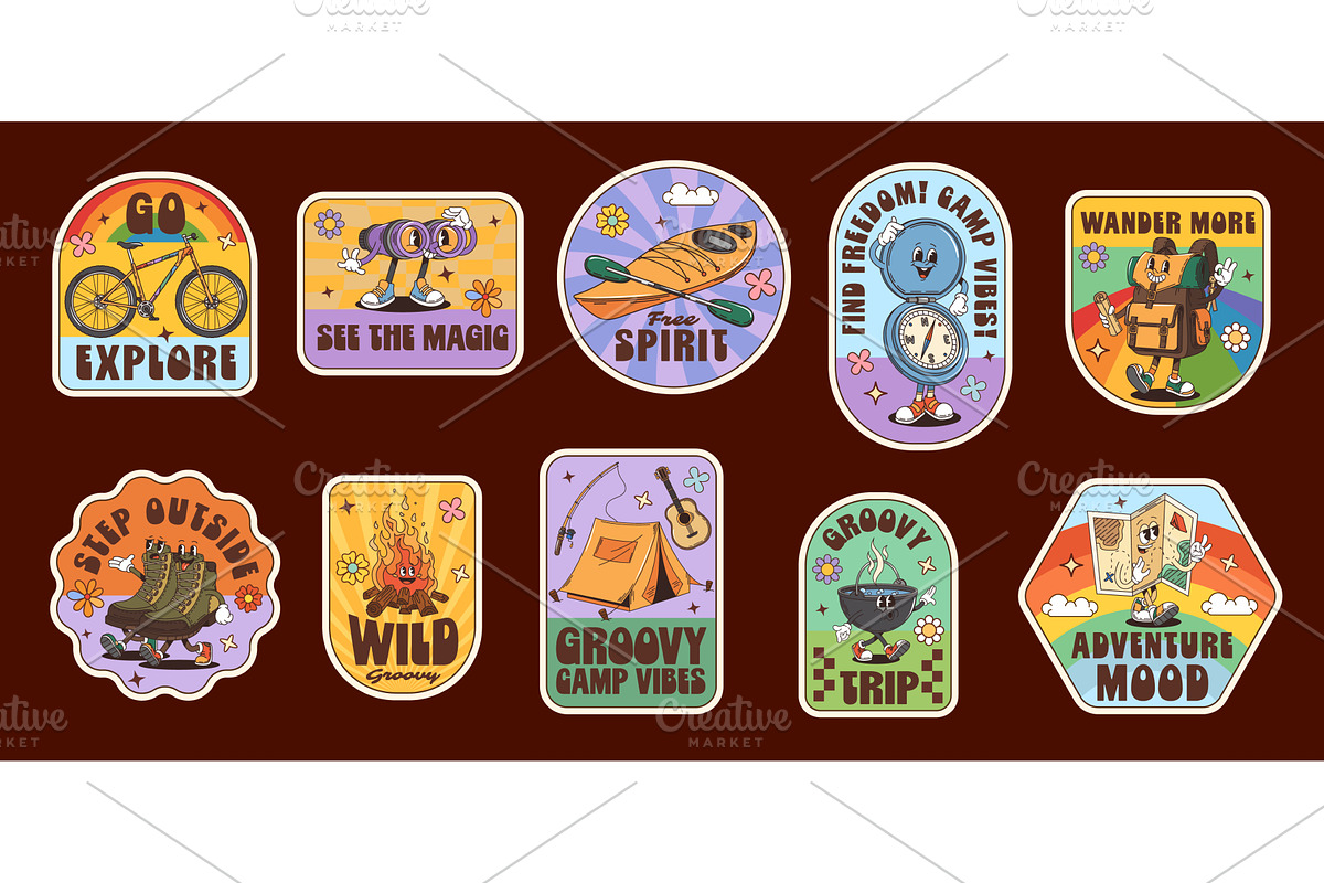 Travel and camp groovy labels, a Sport Illustration by Buch&Bee