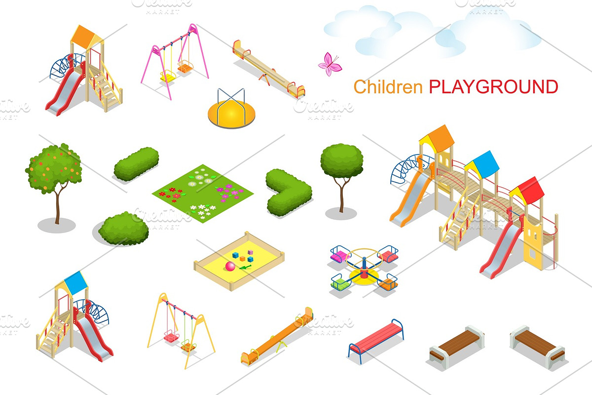 Children playground. Flat 3d isometric vector illustration for i, an ...