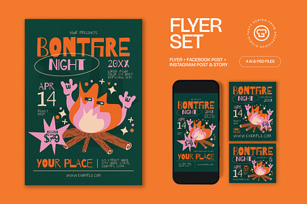 Green Quirky Bonfire Night Flyer Set, a Flyer Template by graphicook