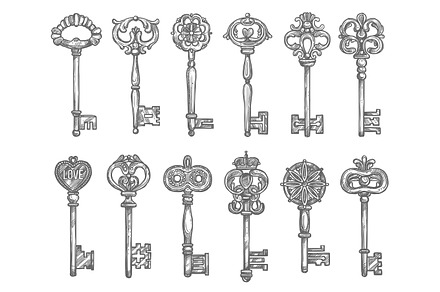 Old vintage key and antique skeleton sketch
