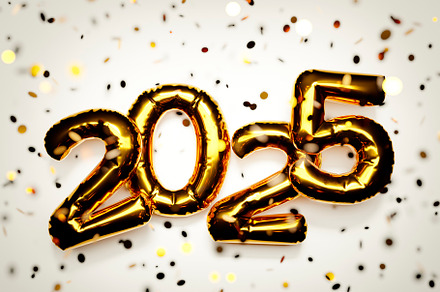 Golden balloons 2025 new year text with confetti on white backgr