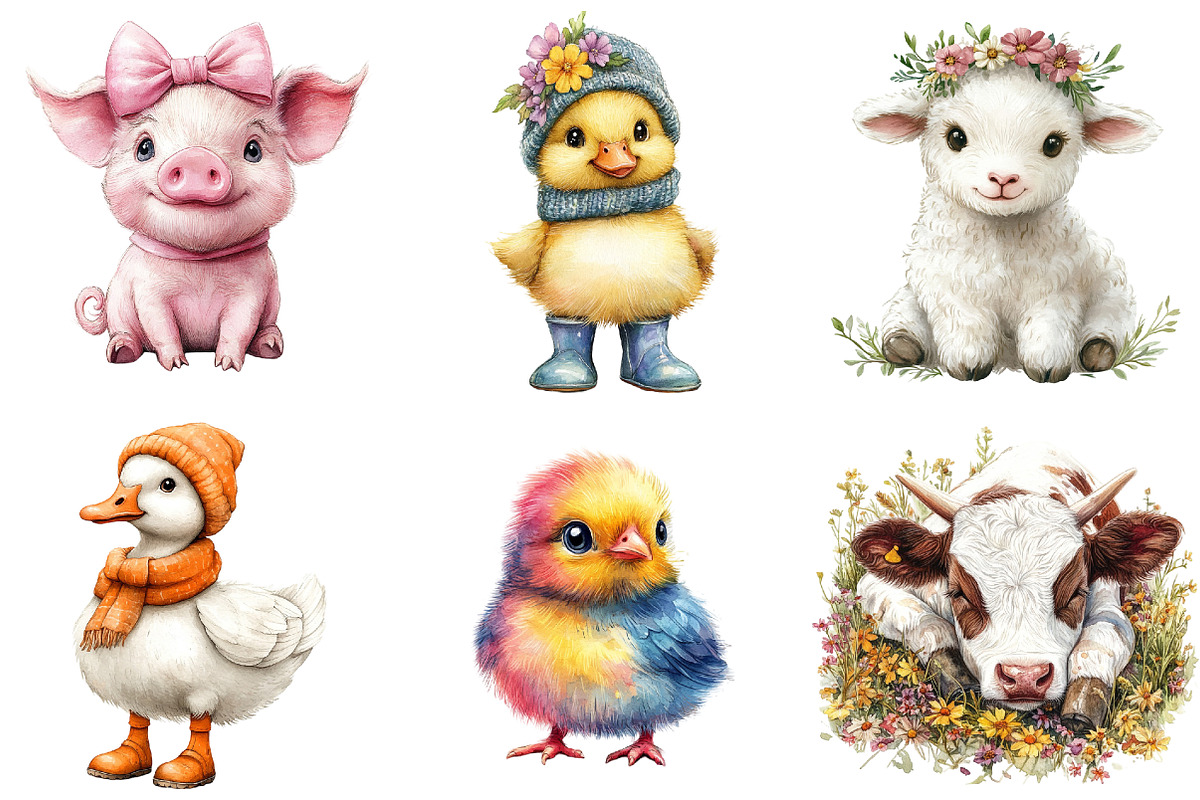 Cute Farm Animals Watercolor Clipart, an Illustration by Watercolor design (Photo 4 of 4)