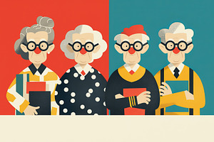 Illustrated elderly individuals holding books with colorful background, a Photo by AS photostudio