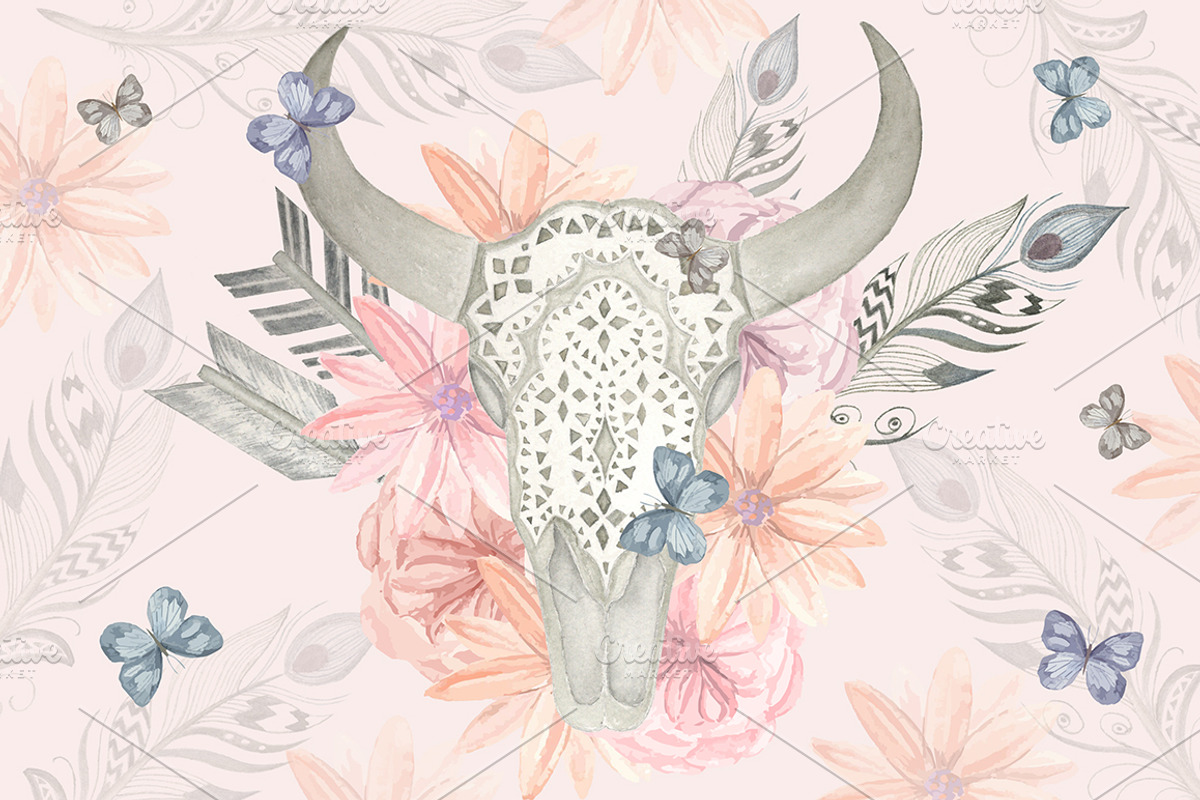 Watercolor skull bull, flowers, a Graphic by Natikka Art (Photo 1 of 5)