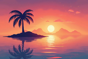 Palm Tree Island With Sunset Reflect, a Photo by LOGOCREATIVE