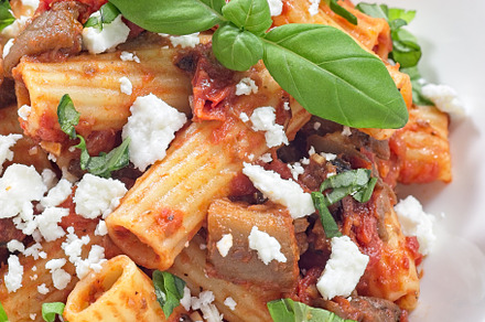 Rigatoni alla Norma pasta with eggplant and tomato, basil and ricotta salata, v