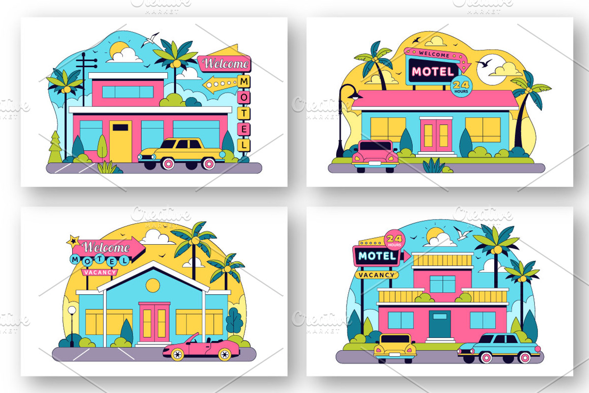 10 Retro Roadside Motel Illustration, an Object Illustration by denayunebgt (Photo 4 of 4)